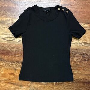 White House Black Market Black Short Sleeve Ribbed Tee with Button Accents